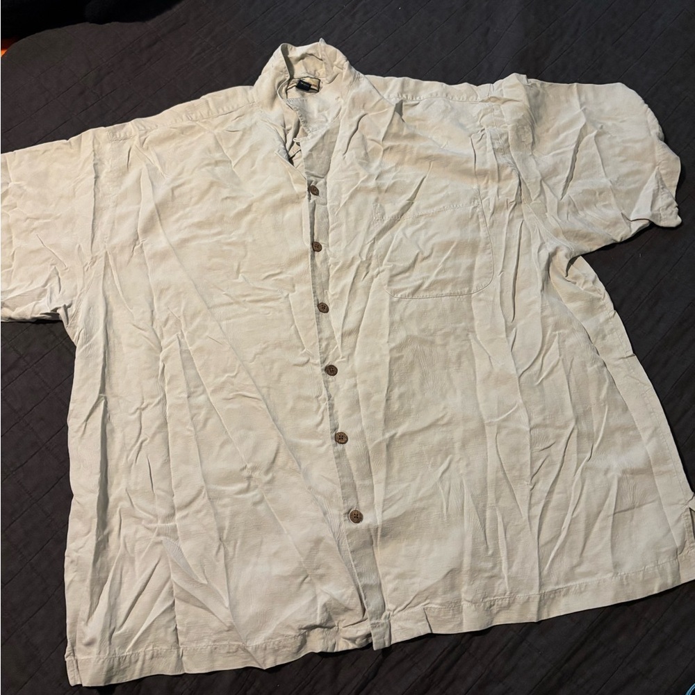 Tommy Bahama Mens 100% Silk‎ Short Sleeve Button Down Shirt Beige Size 42
